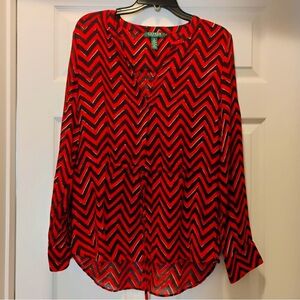 Lauren Ralph Lauren Red and Black Chevron Blouse Waist Tie Flattering Size LP